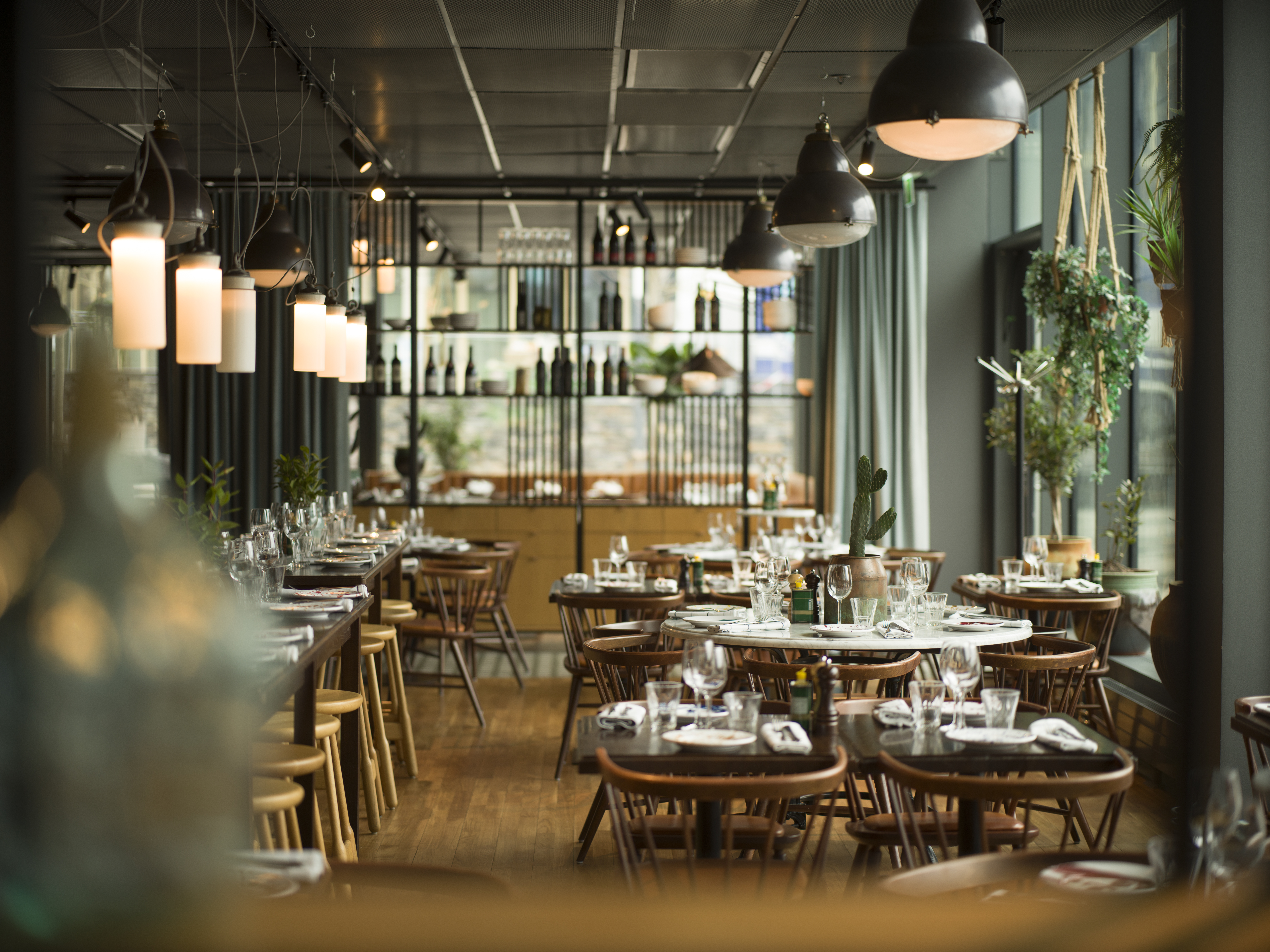 Eleganta interiörer i modern restaurang med uppsatta bord, trästolar och minimalistiska ljusarmaturer