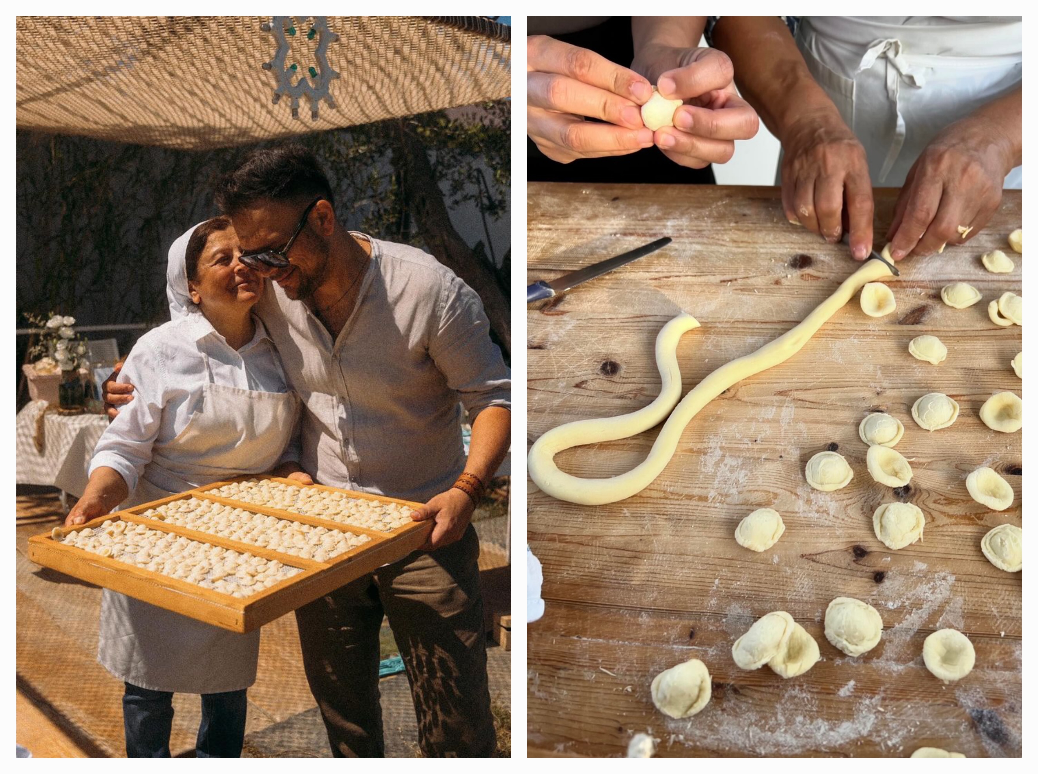 Italian woman and man smiling, holding a tray of homemade pasta outdoors; hands shaping orecchiette pasta dough on a wooden table